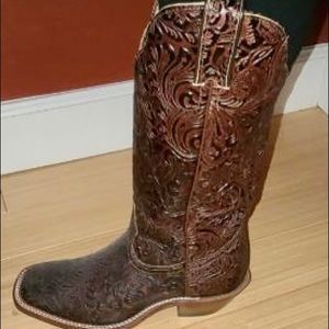 Brown square toed Boulett lace inlay cowboy boots.